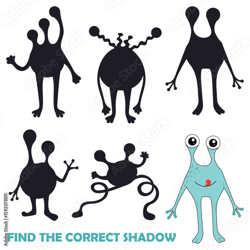 Find the correct shadow of monster. Education game for children to find matches. Cute vector illustration