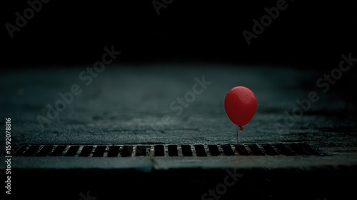 Fototapeta Naklejka Na Ścianę i Meble -   a single ominous red balloon floats In the shadowy gloom of a desolate street