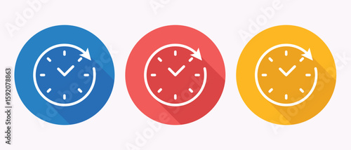 Three Colorful Round Icons Representing Time and Clock with Arrow Symbol on White Background