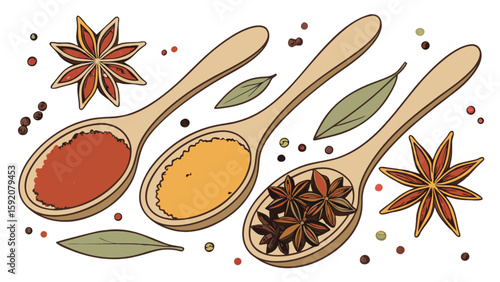 Spice spoons illustration with star anise, paprika and turmeric for culinary and food blog designs
