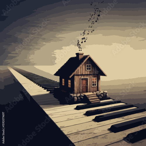 House on piano keys with musical notes coming from chimney
