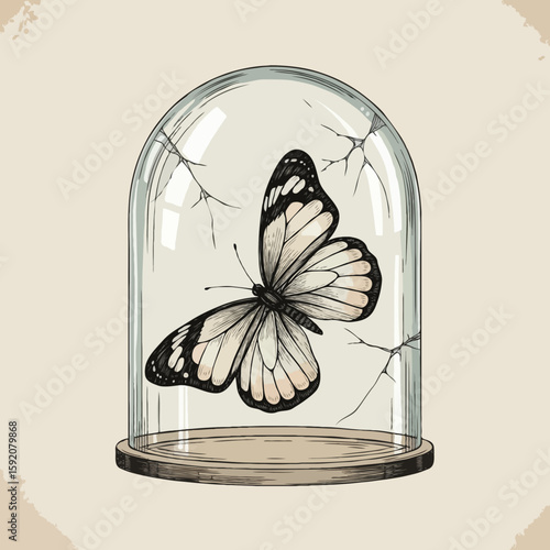 Butterfly specimen under cracked glass dome illustration art