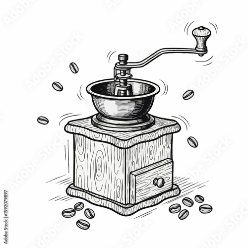 Vintage coffee grinder illustration with scattered coffee beans