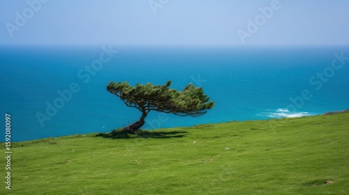 Solitary windswept tree on lush green hill with bent branches, lopsided canopy, deep blue sea, clear sky, gentle waves, tranquil natural beauty.