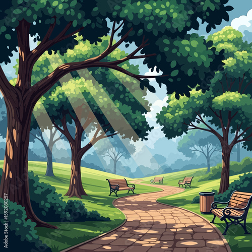 Serene park setting shows sunshine filtering through trees, perfect for backgrounds or designs needing a touch of nature and relaxation.