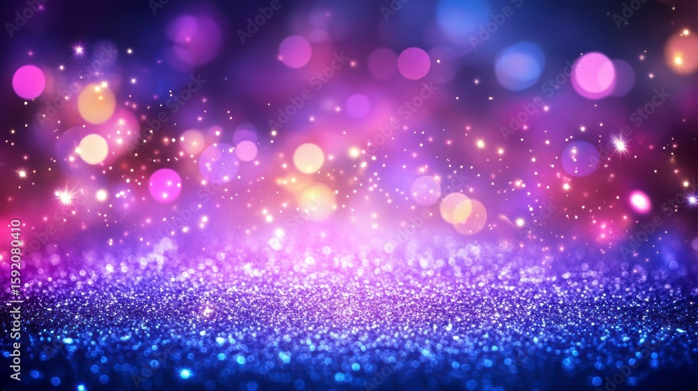Fototapeta premium Abstract glittering background with purple, pink, and blue bokeh lights and sparkles.