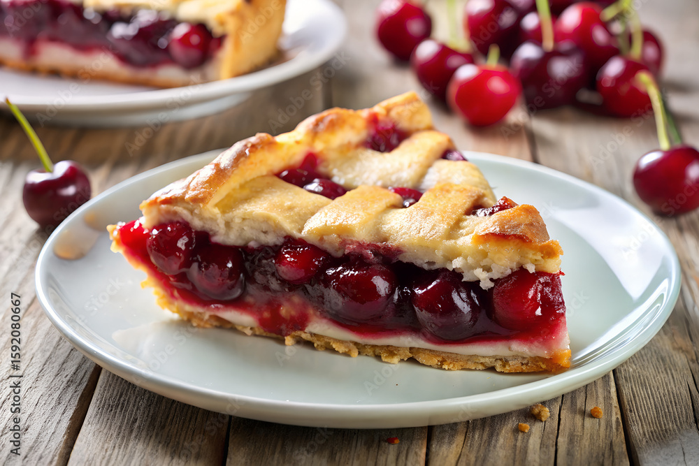 Delicious Cherry Pie Slice on Rustic Table Delicious Cherry Pie Slice on Rustic Table