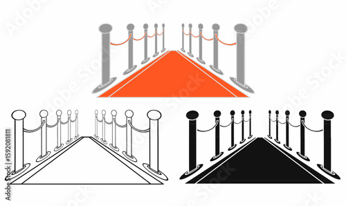Red carpet icon set event entrance vector with stanchions, ropes, and carpet in line, outline, flat, and silhouette styles. Ideal for VIP, gala, cinema, or luxury event. 
