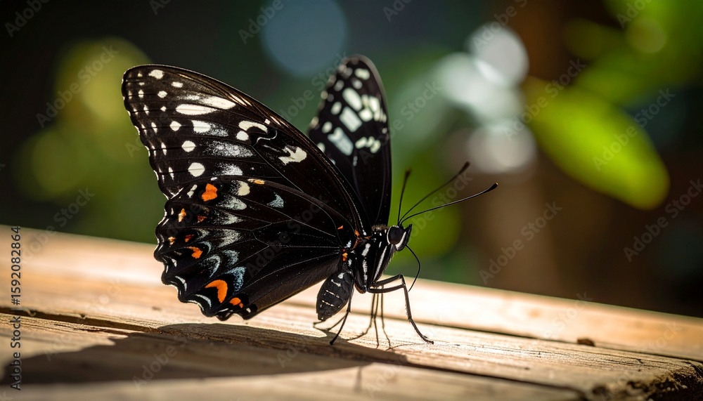 Fototapeta premium on Wooden Board Black Butterfly flying and white Markings, Resting on Rustic Wood Grain, Generated with AI.