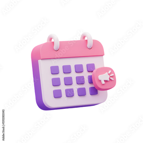 3D render of a pink and purple calendar with a megaphone icon attached, symbolizing an important event or reminder.