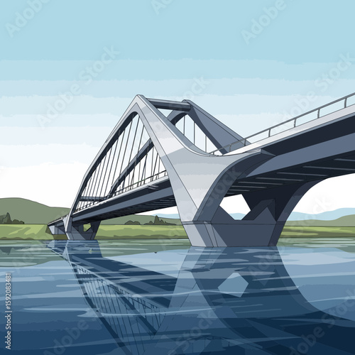 Scenic bridge over water, a modern architectural design featuring a smooth surface and captivating reflections for travel or urban themes.