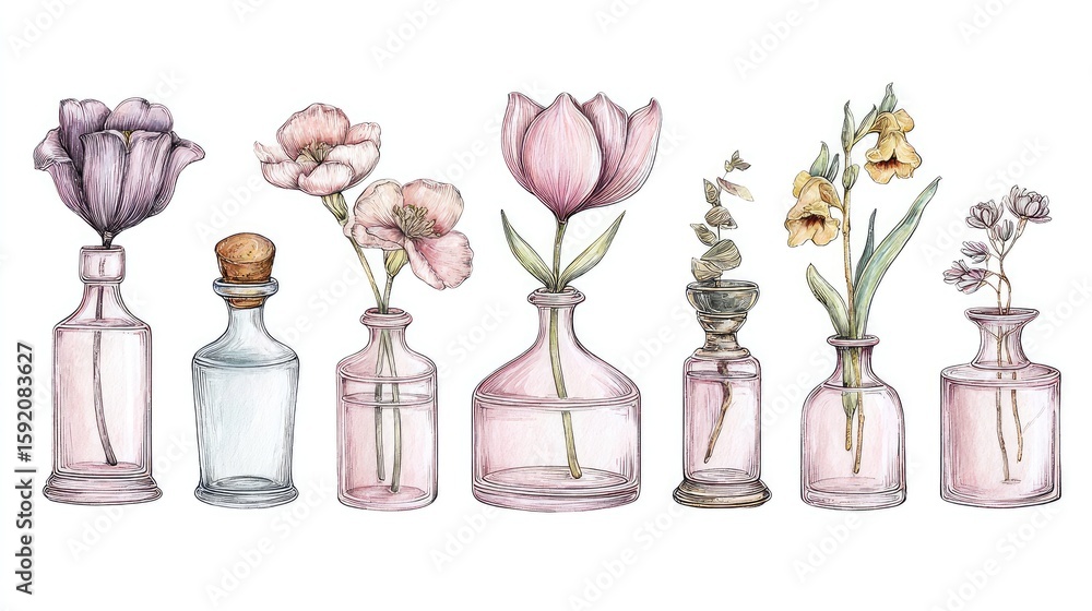 Obraz premium Pink glass bottles with flowers