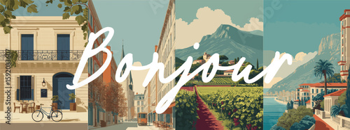 France vintage style travel poster set. Collection of scenic art deco retro tourism illustrations