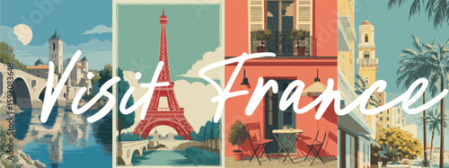 France vintage style travel poster set. Collection of scenic art deco retro tourism illustrations