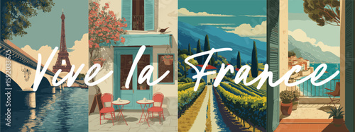 France vintage style travel poster set. Collection of scenic art deco retro t...