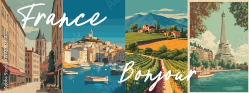 France vintage style travel poster set. Collection of scenic art deco retro tourism illustrations