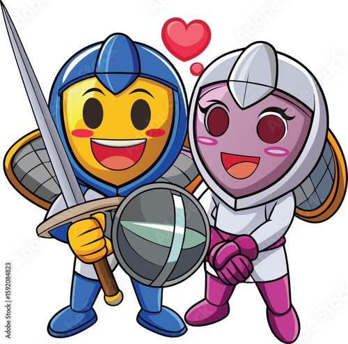  Fencing mask and sword duo with kawaii faces and blush, cartoon combat gear on white background