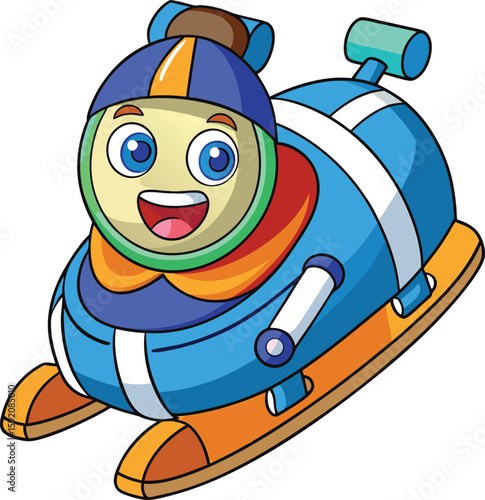 Kawaii bobsled with leaning cartoon faces in motion, winter sport vector on white background