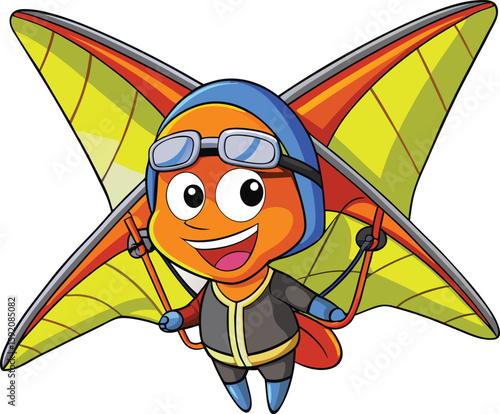Kawaii hang glider with cartoon wings and smiling face, extreme sports vector on white background