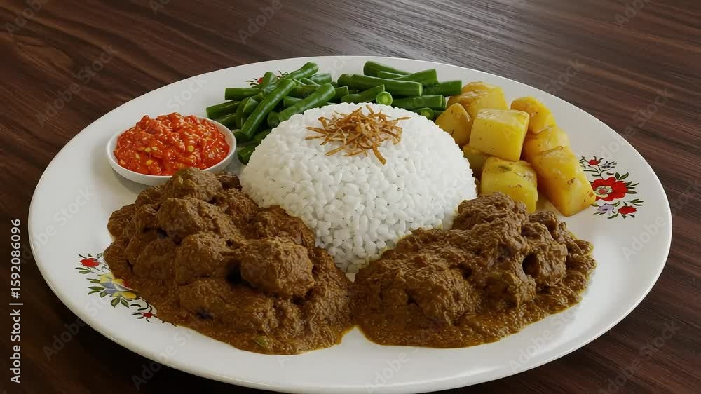 Traditional Beef Curry with Rice Vegetables and Spicy Sauce on a Wooden Table Traditional Beef Curry with Rice Vegetables and Spicy Sauce on a Wooden Table
