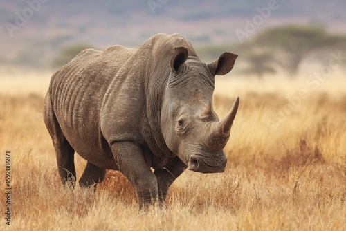 A rhino stands in golden grasslands focusing forward with prominent horns