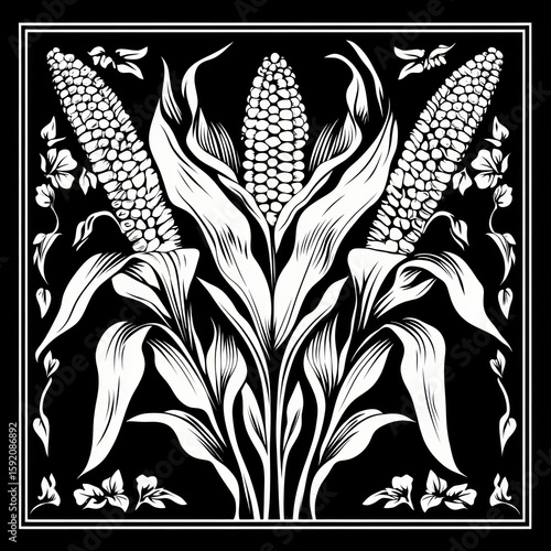 Ornamental black and white corn motif