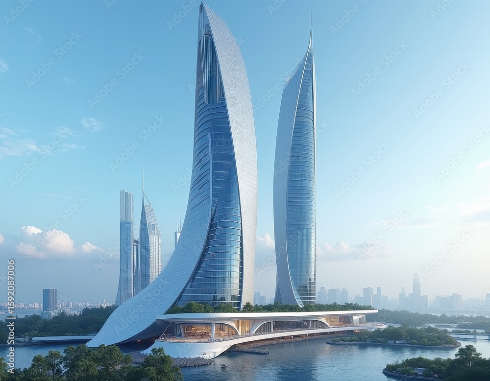Fototapeta premium Futuristic Twin Towers Skyscrapers on Waterfront at Sunrise