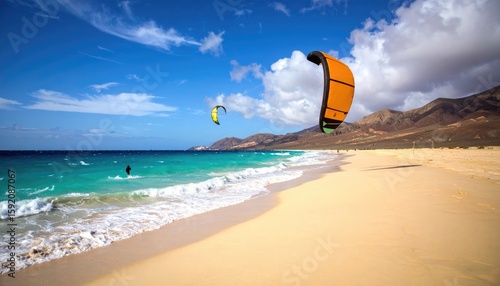 Tropical beach with kitesurfing
