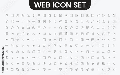 Massive web and app UI icon set featuring over 210 thin line icons in modern style. ideal for digital interface, dashboards, wireframes, mobile apps, and website design projects