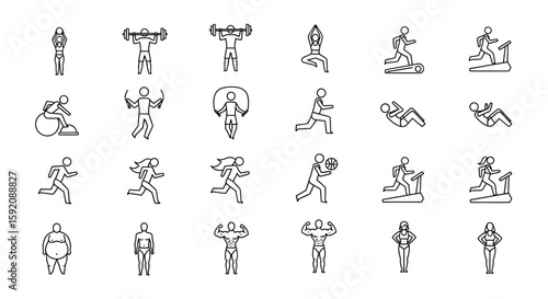 Collection of minimalist line art icons depicting various fitness activities, exercises, and body types in a simple, clean style.