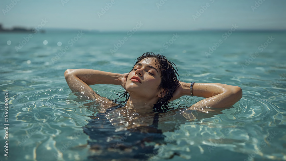 Serene Woman Swimming in Nature with Realistic Wet Hair and Calm Sky Serene Woman Swimming in Nature with Realistic Wet Hair and Calm Sky