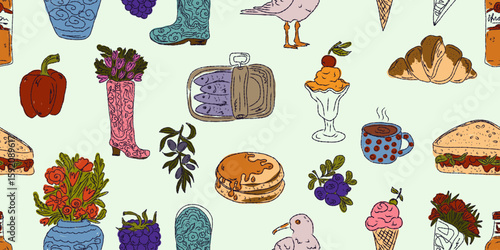 The Dolce Vita collection is a whimsical seamless pattern with vibrant color accents, inspired by the Mediterranean lifestyle. Hand-drawn sketch style