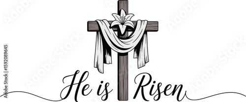 A wooden cross with a white cloth draped over it and a lily with he is risen text on a light background