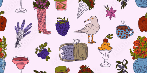 The Dolce Vita collection is a whimsical seamless pattern with vibrant color accents, inspired by the Mediterranean lifestyle. Hand-drawn sketch style