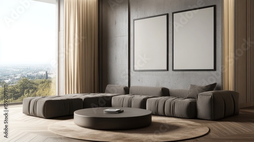 Contemporary living room with panoramic city views.