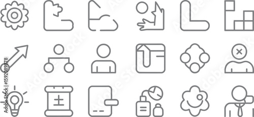 Collection of business and management line icons arranged on a split white background plane surface