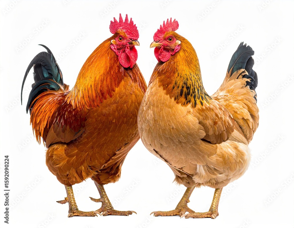 Fototapeta premium Two roosters facing each other, full body shot