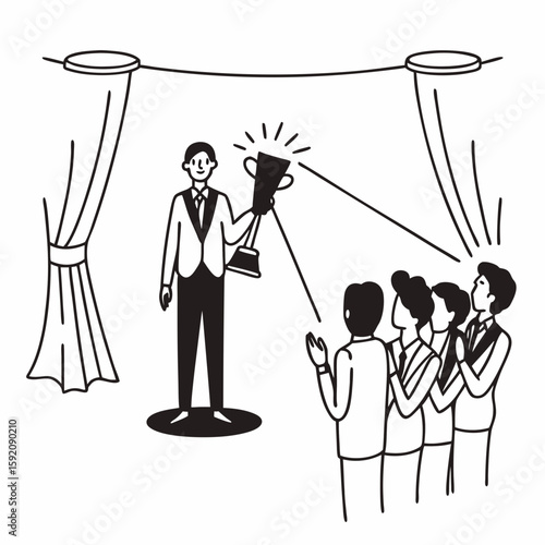 Outline drawing of a businessperson receiving a trophy or award on stage, with clapping audience and spotlight, minimalist linear illustration
