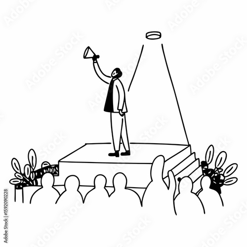 Outline drawing of a businessperson receiving a trophy or award on stage, with clapping audience and spotlight, minimalist linear illustration