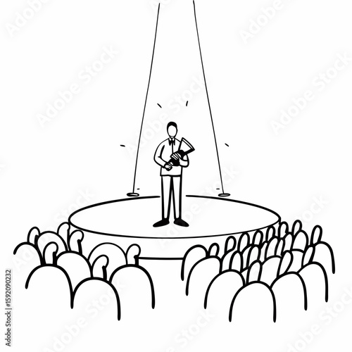 Outline drawing of a businessperson receiving a trophy or award on stage, with clapping audience and spotlight, minimalist linear illustration