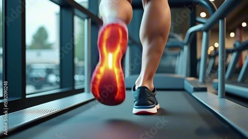 A close-up view of a person's feet running on a treadmill wearing dark athletic shoes with illuminated soles showcasing determination and fitness in a gym environment