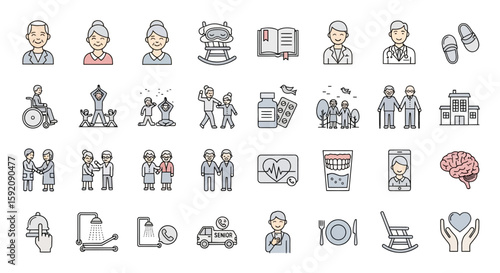 Collection of line art icons depicting elderly care, including seniors, medical professionals, assistive devices, medication, and activities.