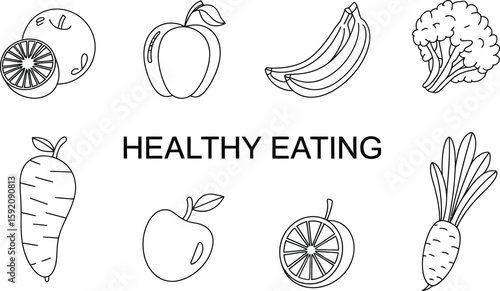 Outline drawing of healthy eating including fruits and vegetables such as apple banana and carrot image