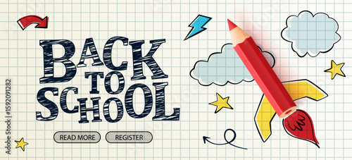 Back to School. Digital internet tutorials and courses, online education, e-learning. Web banner template for website, landing page and mobile app development. Doodle style.