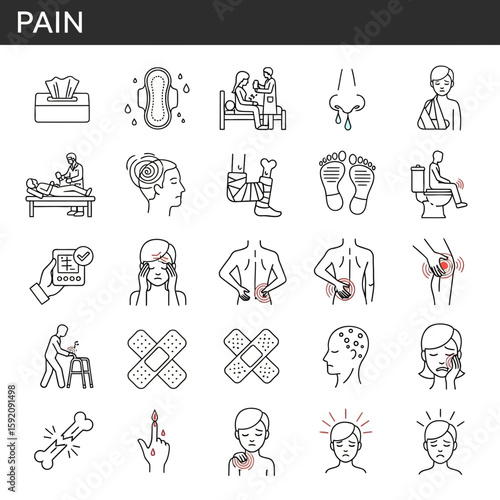 Line art icons depicting various types of pain, including physical injuries, illnesses, and discomfort, presented in a medical or healthcare context.