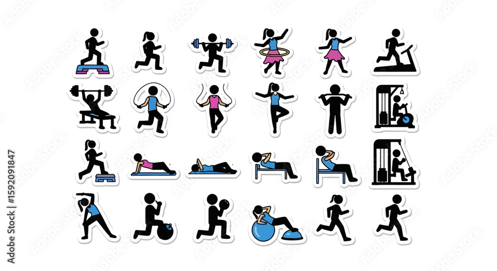 Fototapeta premium Collection of stick figure icons depicting various exercises and fitness activities, including weightlifting, running, yoga, and using gym equipment.