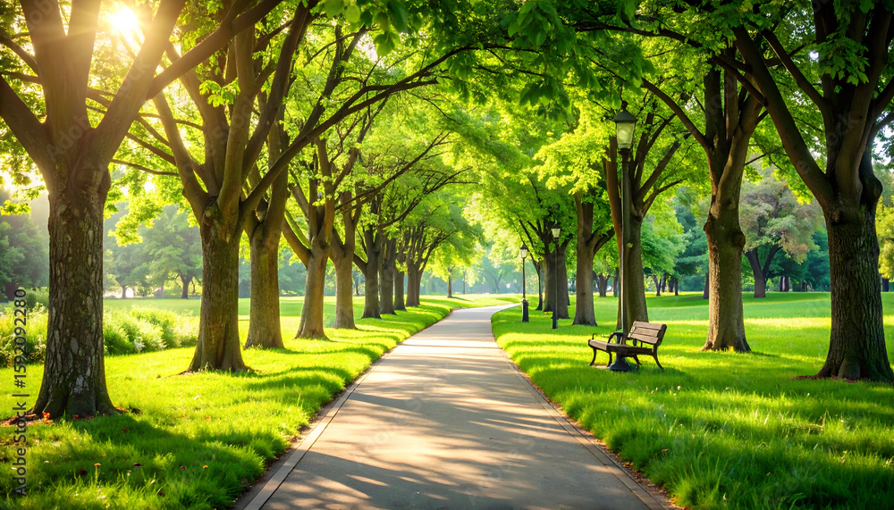 Sunlit Path Through Lush Green Park Sunlit Path Through Lush Green Park