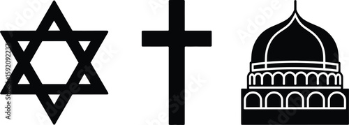 Symbols representing judaism christianity and islam displayed in a row on a white background plane view