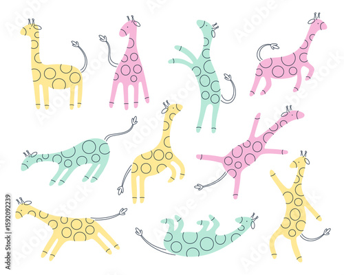 Playful minimalist cartoon giraffes in various bright colors and poses