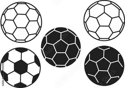 Soccer Ball Vector Icon Set – Minimal Black and Outline Football Symbols for Sports, Games, Match Posters, Scoreboards and Athletic Branding Designs